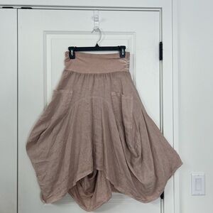 INIZIO size M Knit Waist Linen Draped Balloon Skirt w/ Pockets Hi Low Midi